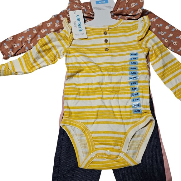 Carters Baby Girl Size 6-9M Floral & Stripe 4 Piece Set Bodysuit Legging Jeans - Picture 2 of 8